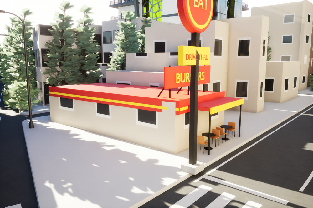 Fast-food drive-thru on a street corner, with a tall red and yellow sign.